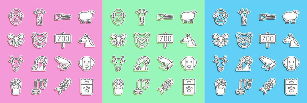 Set line Bag of food, Dog, Horse head, Crocodile, Cute panda face, Rat, Monkey and Zoo park icon. Vector