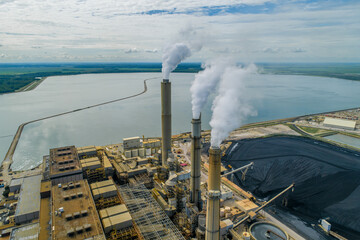Aerial Overhead View of Large Coal Fired Power Plant