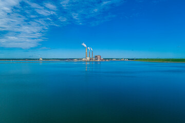 Aerial Overhead View of Large Coal Fired Power Plant