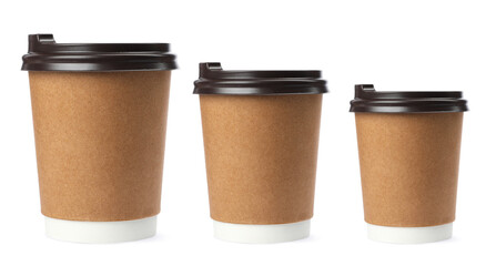 Paper coffee cups of different sizes on white background, collage