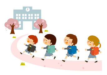 桜咲く春、ランドセルを背負い笑顔で小学校に登校する日本の子供たち