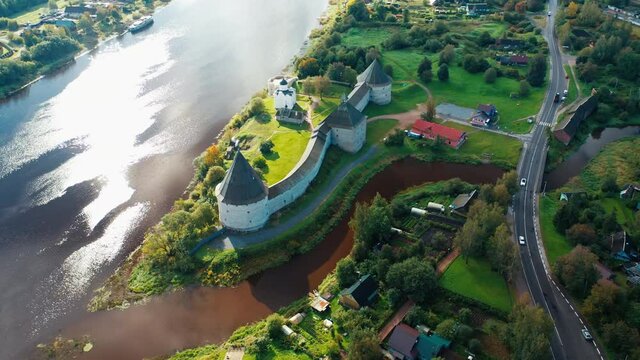 Old Russian fortress. Ancient fortress on the coast of Volkhov river in the town of Staraya Ladoga (Old Ladoga) in Russia. Aerial view of the ancient fortress.
