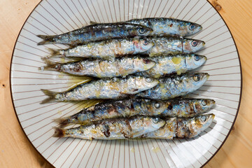 Closeup of delicious sardines on a plate