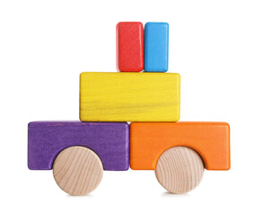 Car made of colorful wooden blocks on white background