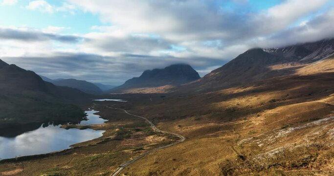 aerial footage of the mountains and munros of the torridon region of the north west highlands of scotland showing liathach, beinn eighe and sgurr dubh on a winters day