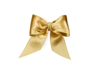 Beautiful golden ribbon tied in bow isolated on white, top view