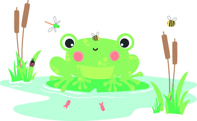 Cute frog print design for baby T-shirt design vector. Can be used for baby t-shirt print, fashion print design, kids wear, baby shower celebration greeting and invitation card.
