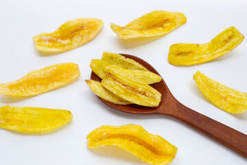 Banana slice chips on white background