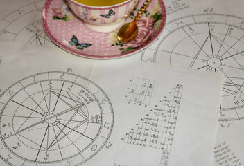 Printed astrology charts with colorful cup of tea in the background; winter concept