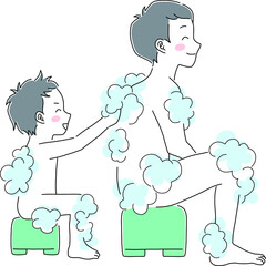 お父さんの背中を洗う男の子のイラスト素材