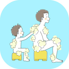 お父さんの背中を洗う息子のイラスト素材