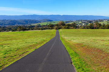 Obraz premium Stanford Dish Loop paved hiking trail going to distant hills between green grass fields in winter