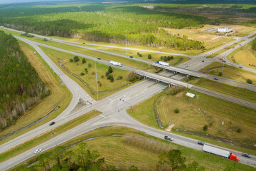 Aerial view interstate I-10 highway road junction near Diamondhead Mississippi