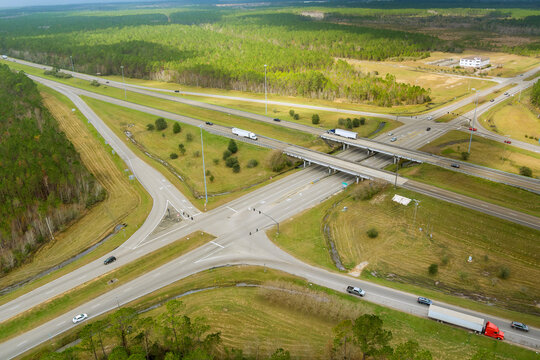 Aerial view interstate I-10 highway road junction near Diamondhead Mississippi
