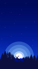 Starry night with full moon Background Vector Illustration with copy space and reindeer silhouette standing on a hill in the middle of pine forest. Travel, camping, outdoors, and adventure concept. 