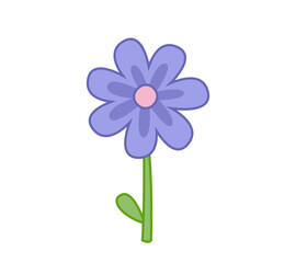 Pastel purple flower. Vector illustration in cute cartoon childish style. Isolated funny clipart on a white background. Cute floral print.