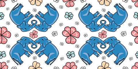 Seamless pattern with hand drawn elephant and floral vector illustration. White background.