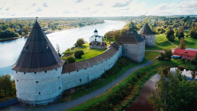 Old Russian fortress. Ancient fortress on the coast of Volkhov river in the town of Staraya Ladoga (Old Ladoga) in Russia. Aerial view of the ancient fortress.