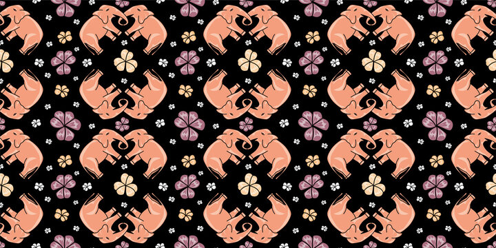 Seamless pattern with hand drawn elephant and floral vector illustration. black background.