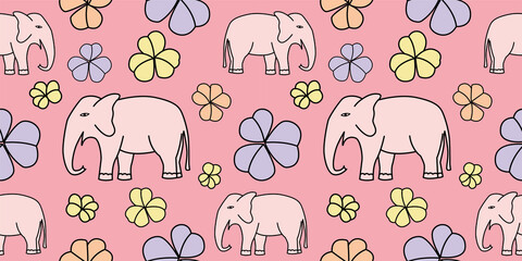 Seamless pattern with hand drawn elephant and floral vector illustration.