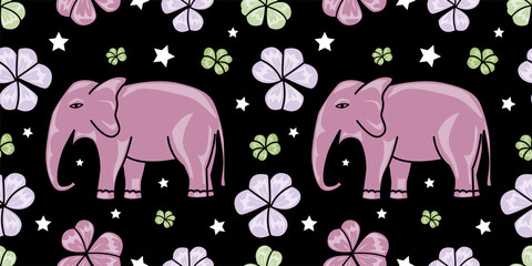 Seamless pattern with hand drawn elephant and floral vector illustration. black background.