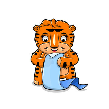 A cute tiger cub is looking through a list, a cashier's check, or planning. Cartoon character. Vector illustration.