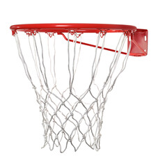 Modern red basketball hoop with net on white background
