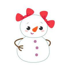 Cute happy snowman with red bows on his head. Christmas character girl in a santa hat. Colored flat vector illustration of cute snowy baby isolated on white background.