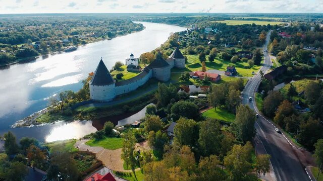 Old Russian fortress. Ancient fortress on the coast of Volkhov river in the town of Staraya Ladoga (Old Ladoga) in Russia. Aerial view of the ancient fortress.