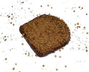 Slice of black bread sprinkled with coriander. Borodino bread. Flour product. Healthy food.  Bread with spices on white background
