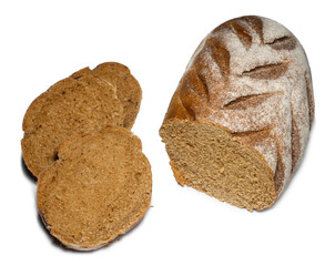 Sliced loaf of black bread on a white background.  Healthy food.