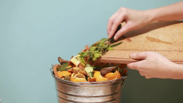 Woman throws vegetable peeling, scraps in compost bucket. Food waste reduce. Sorting of household waste, composting. Zero waste lifestyle. Collecting of food waste in trash-can for recycling