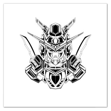 Hand drawn black and white tattoos artwork Head of body mecha robot war vector Illustration