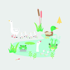 Cute duck T-Shirt design for baby vector illustration. Can be used for baby bedding, wallpaper, nursery decor, baby shower invitation card, kids room decor. mallard pattern.