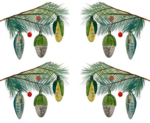 Hand-drawn background of Christmas tree branches with toys.
