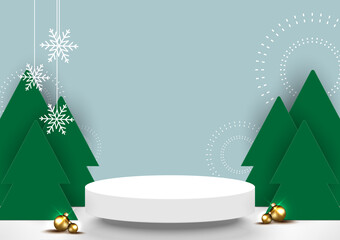 Christmas and new year 3D scene.Stage podium decor with Christmas tree, ball, snowflakes. Pedestal scene with for product display on light blue background. Backdrops for festive. Vector illustration.
