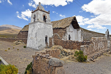 Old church with a bell tower against the blue sky in Chile