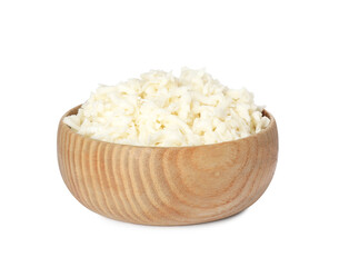 Wooden bowl with delicious mozzarella cheese on white background