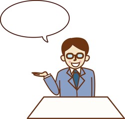 案内をするメガネをかけた笑顔の男性。