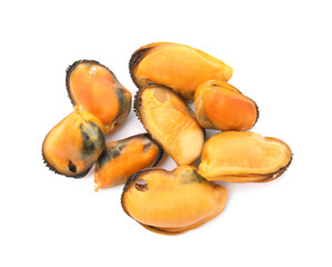 Heap of delicious cooked mussels on white background, top view