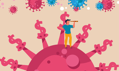 Stimulation of money for a company of entrepreneurs. A man stands on the virus and looks to the future vector illustration. Helping people business from the reserve during the pandemic crisis.
