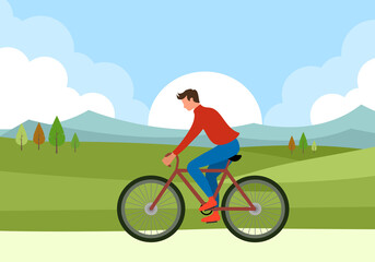 Young man riding bicycle at countryside in the morning in flat design. 