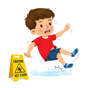 Cute boy have accident slippery on wet floor near yellow caution sign. Vector illustration