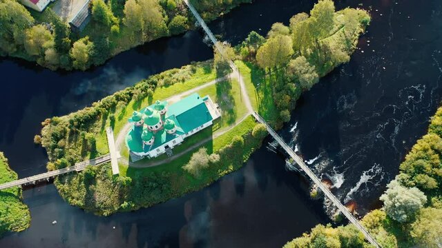 Aerial view of the Orthodox Church located on the tiny island in the town of Olonets in Russia