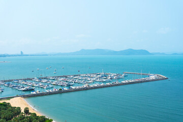Aerial view of sail boats in marina port in harbor in Pattaya.