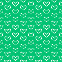 colorful simple vector pixel art seamless pattern of cartoon cute white heart shape made of hearts on green background