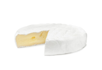 Tasty cut brie cheese isolated on white