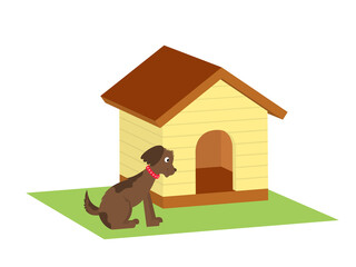 brown dog sitting in front of his doghouse, happy cartoon animal