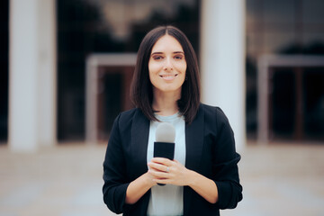 Smiling Reporter Holding a Microphone Ready to Broadcast