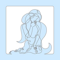One continuous line.Romance. Beautiful girl sitting. Female character logo.One continuous drawing line logo isolated minimal illustration.